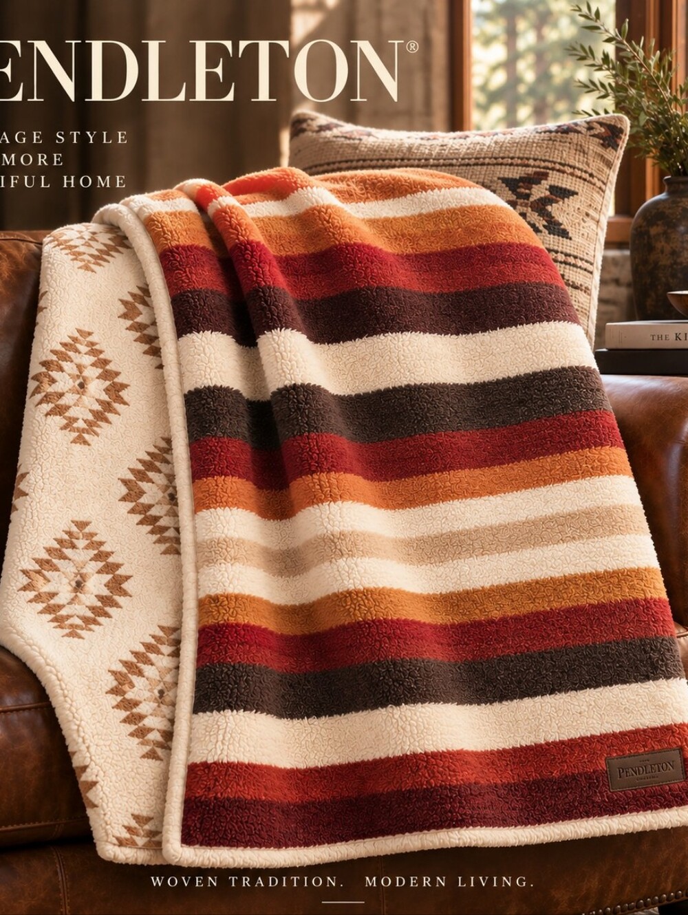 New Pendleton Reversible Throw Blanket 50x70 Southwest Stripe Sherpa Plush